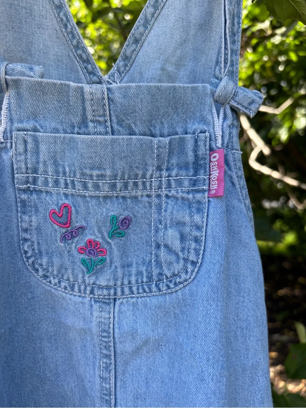 Vintage Osh Blue Denim Kids Overall Dress with Embroidered Hearts